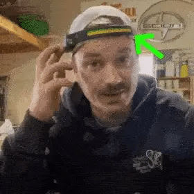 A man is wearing a headlamp