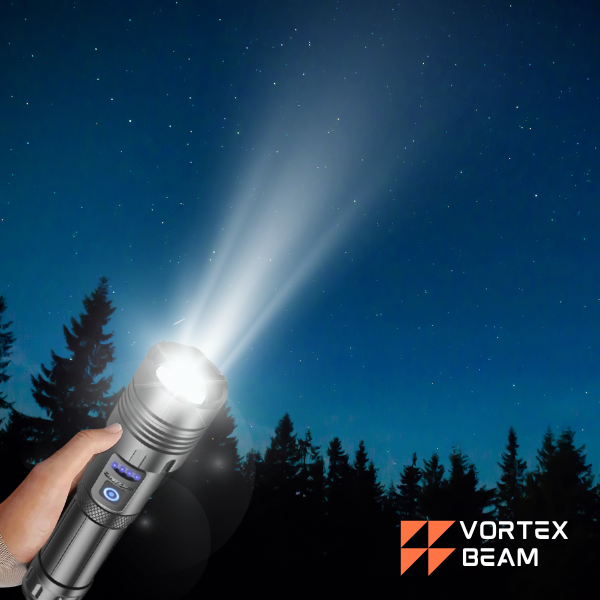 A black Vortex flashlight is illuminating the night sky.