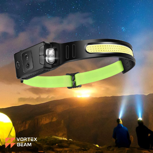 the Vortex Beam headlamp, featuring a close-up of the black and neon green device floating over a scenic mountain landscape at dusk. In the background, two people wearing headlamps sit on a ridge under a starry sky, with the Vortex Beam logo in the bottom corner.