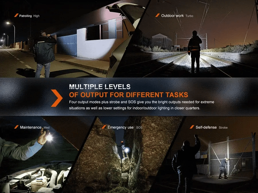 six modes provide versatility for extreme situations: Patrolling (High), Outdoor work (Turbo), Maintenance (Medium), Emergency use (SOS), and Self-defense (Strobe)