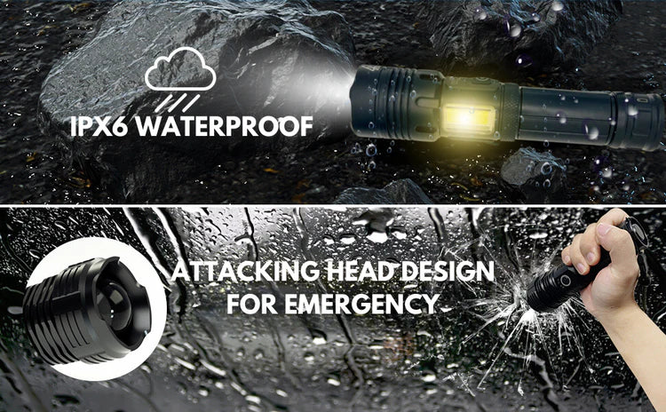 The image shows two features of the flashlight: IPX6 water waterproof and a attacking head design  for emergency.
