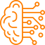 An orange line-art icon of a brain merged with a circuit board, symbolizing artificial intelligence or digital technology