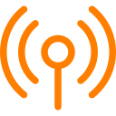An orange line-art icon of a transmission tower or antenna with radiating signal waves