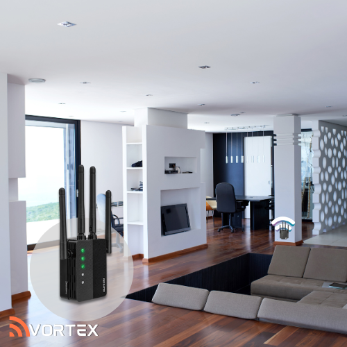 A black Wi-Fi range extender with four antennas placed in a modern, open-concept living room to illustrate signal coverage.
