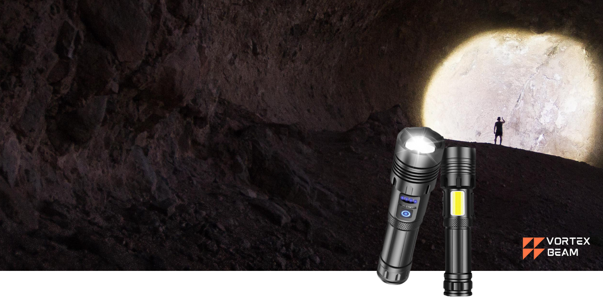 A promotional image for Vortex Beam featuring two flashlights in the foreground. One flashlight emits a powerful, wide beam of light that illuminates a dense forest of evergreen trees at night, while the other shows an active yellow COB side-panel light. In the background, the silhouette of a person holding a flashlight is visible, demonstrating the device's brightness and long-range visibility.