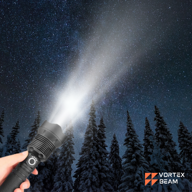A black Vortex flashlight is illuminating the night sky.