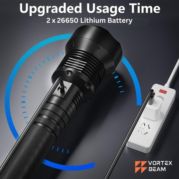 A black Vortex flashlight charging via a USB cable connected to a white power strip. Text indicates it uses 2 x 26650 Lithium Batteries, and a blue circular graphic surrounds the device to emphasize long-lasting power.