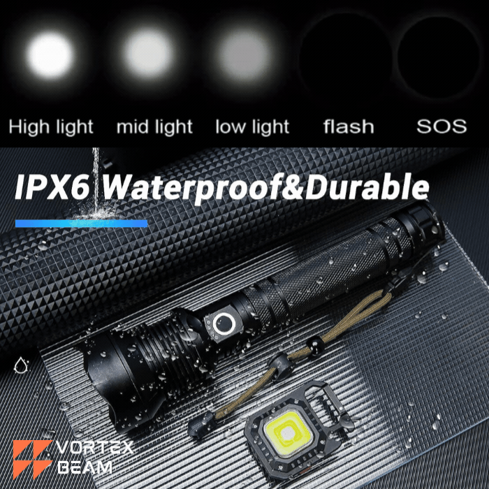 A Vortex Beam flashlight featuring an IPX6 waterproof & durable rating. Five icons illustrate the available lighting modes: High light, mid light, low light, flash, and SOS.