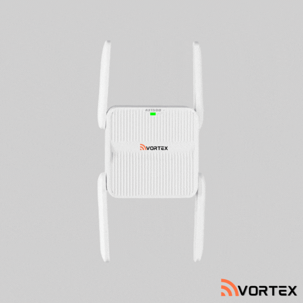 The Vortex WiFi 6 extender is emitting a signal.
