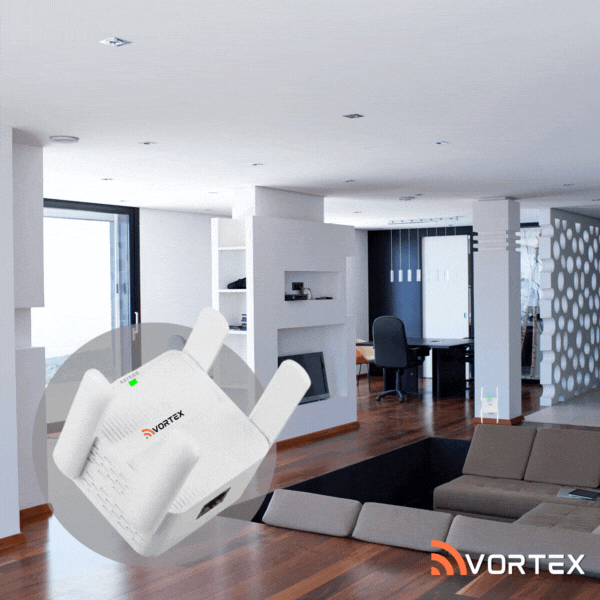 A white Vortex Wi-Fi 6 range extender with four antennas placed in a modern, open-concept living room to illustrate signal coverage.