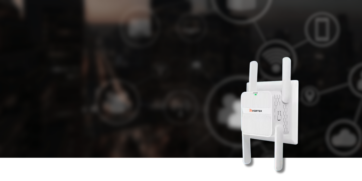 A white Vortex Wi-Fi extender with four antennas plugged into a wall outlet, set against a dark, blurred background featuring various connectivity icons.