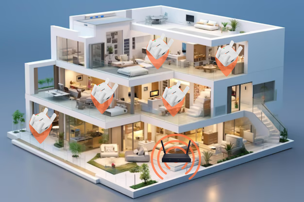 A 3D model of a multi-story modern home showing a central router and several Vortex Wi-Fi 6 extenders positioned in different rooms to provide whole-home coverage.