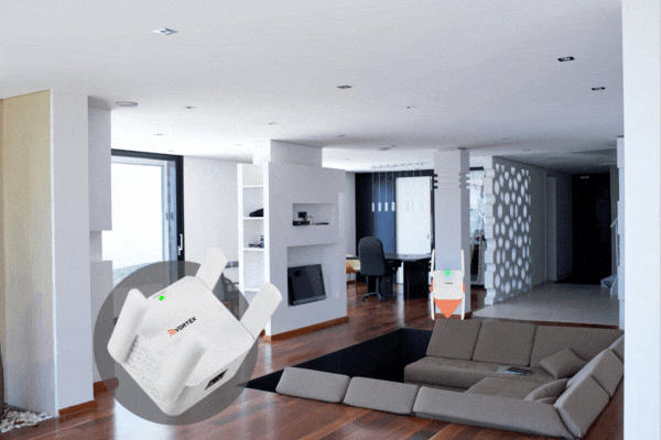 A white Vortex Wi-Fi 6 range extender with four antennas placed in a modern, open-concept living room to illustrate signal coverage.